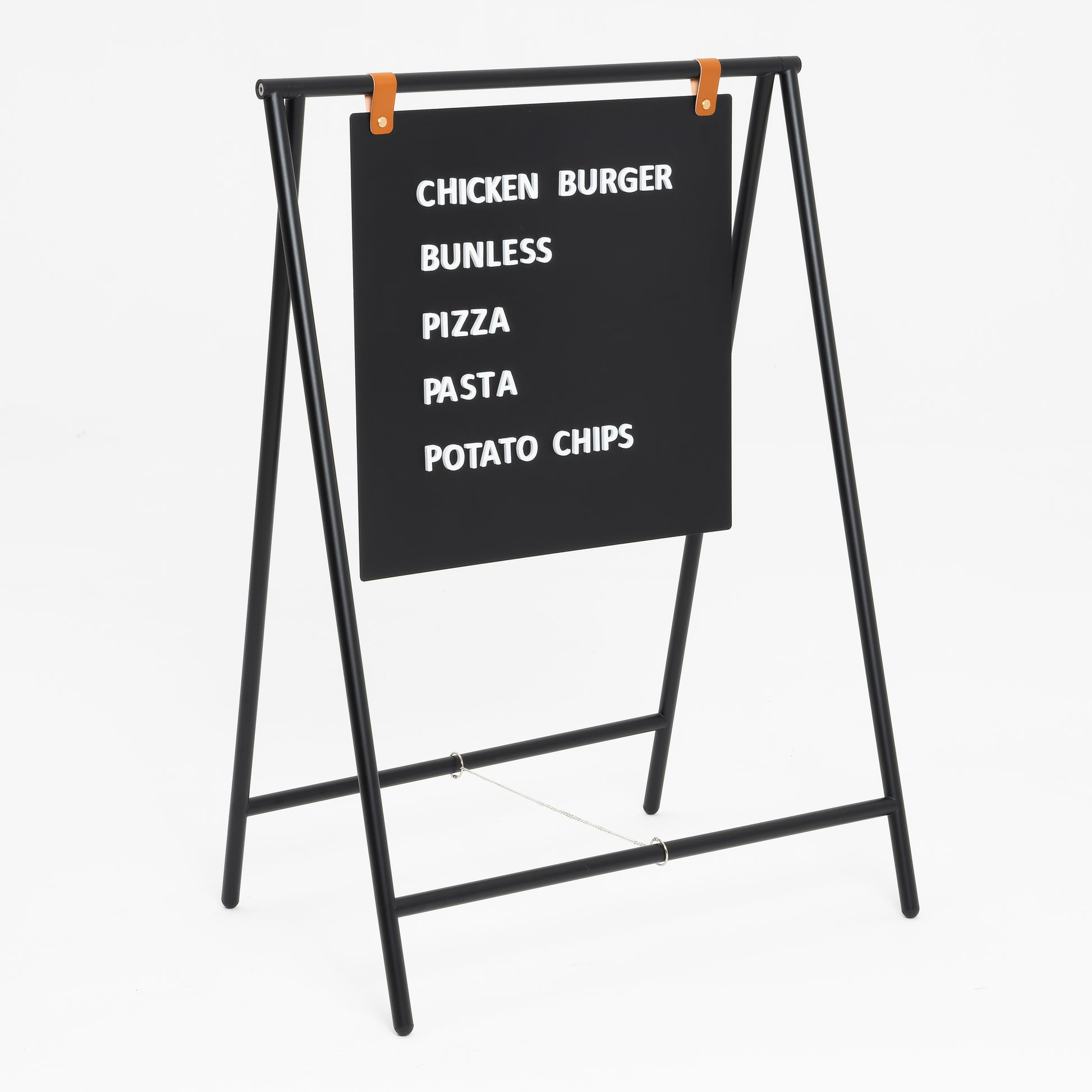 İçeriği değiştirilebilir mıknatıslı kaldırım tabelası, menü veya kampanya için ideal.