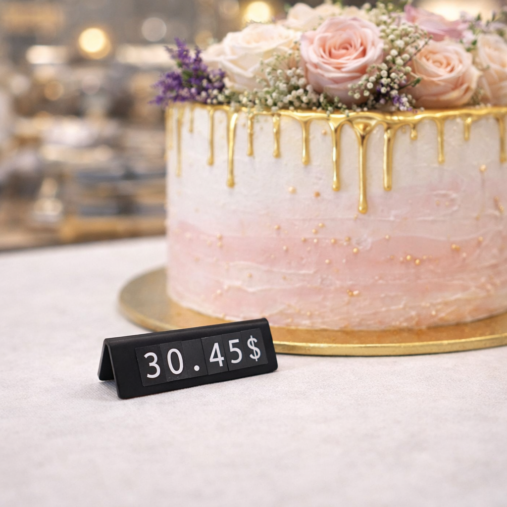 Küçük boyutlu metal fiyat göstergesi, butik ve mağaza raf önü kullanımına uygundur.