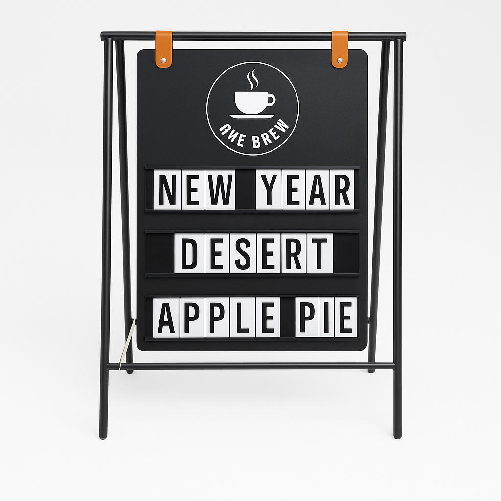 Kafe veya restoran girişine uygun, manyetik harflerle özelleştirilebilen A tipi tabela uygulama görseli; “Apple Pie” gibi sezon tatlılarını tanıtmak için kullanılır.