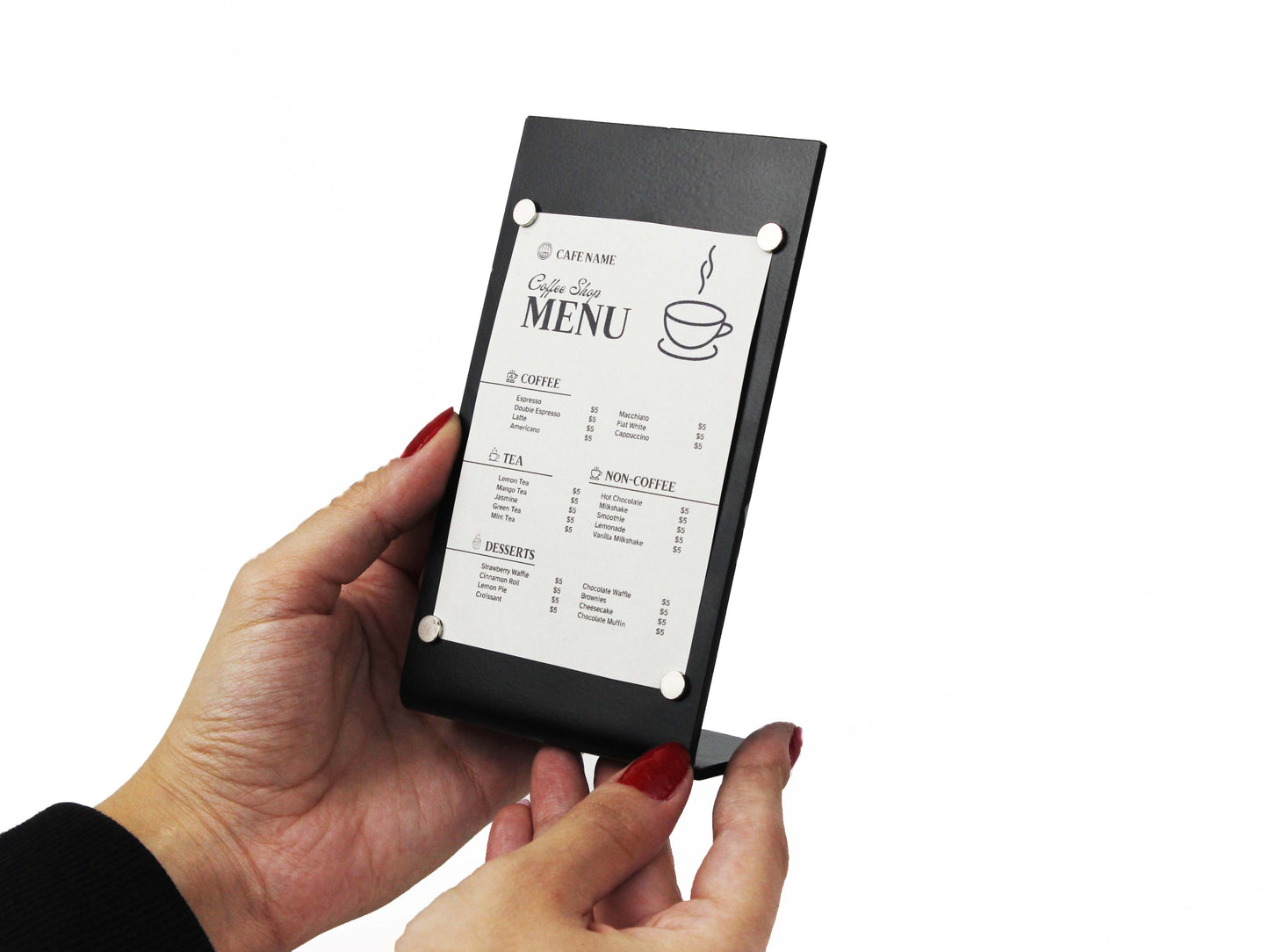 Manyetik siyah metal menü standı, masaüstü duyuru ve fiyat listeleri için ideal.