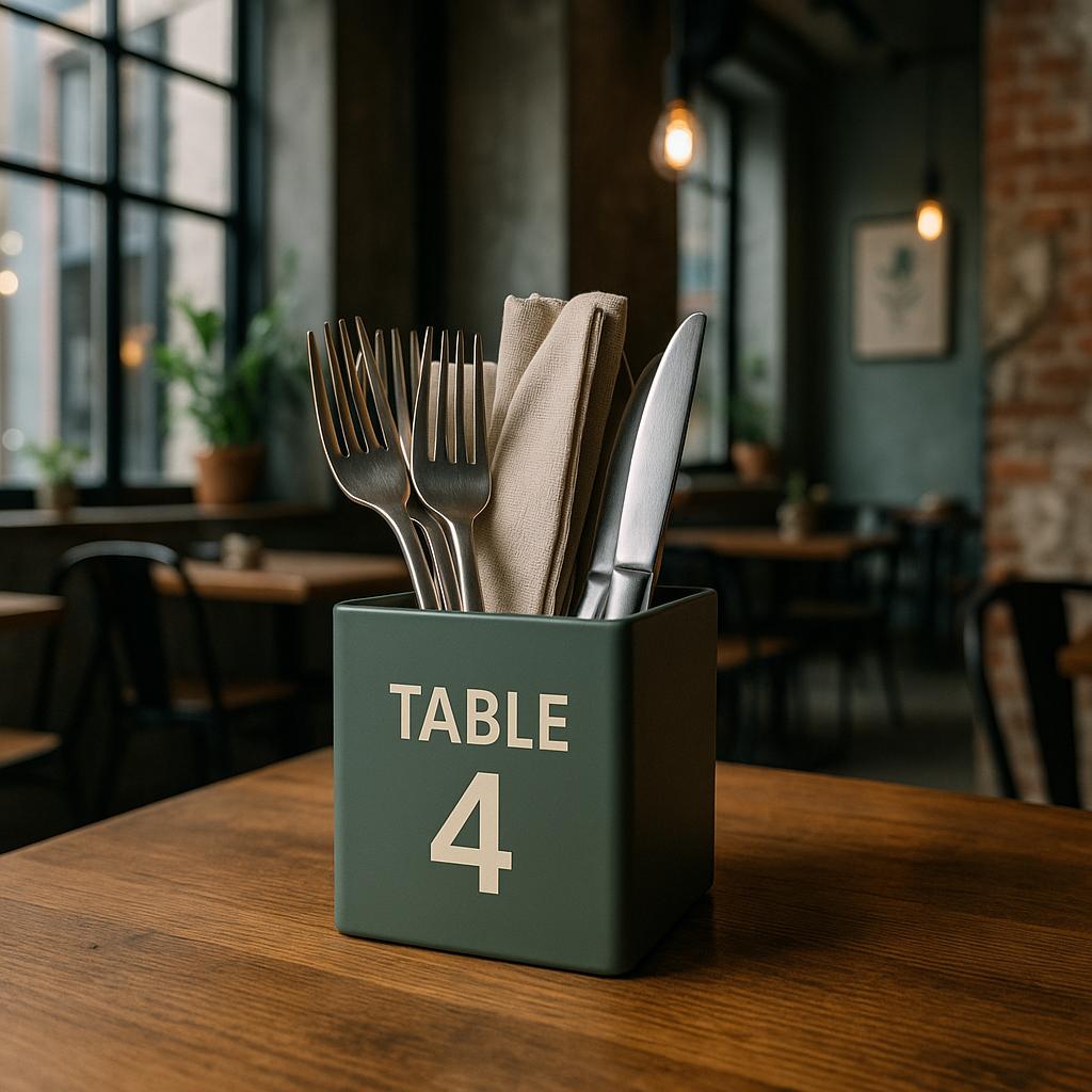 Siyah yazılarla masa numarası ve QR kod baskısı bulunan özel renk metal masa kutusu, dijital menü erişimi sunuyor.