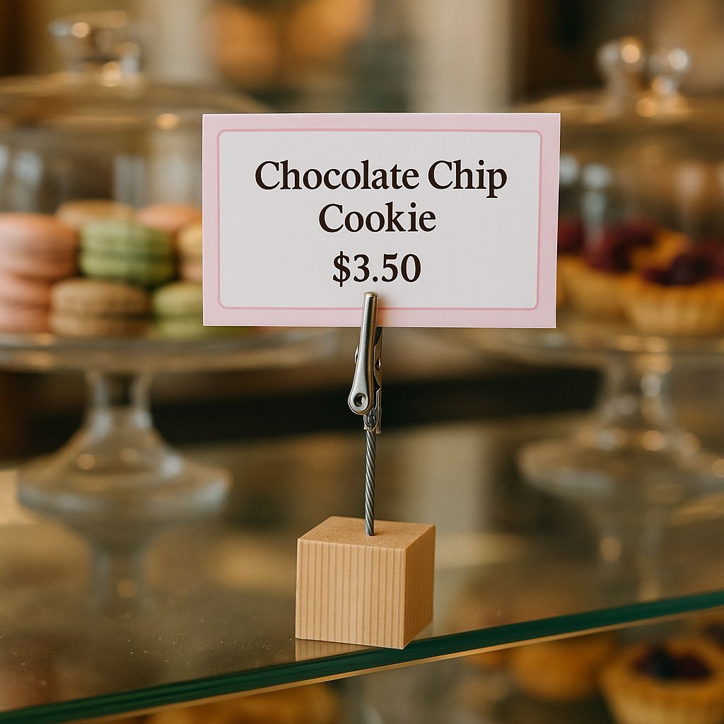 Ahşap bloklu masaüstü fiyat etiketi tutucu – cafe ve pastaneler için ideal sunum ürünü.