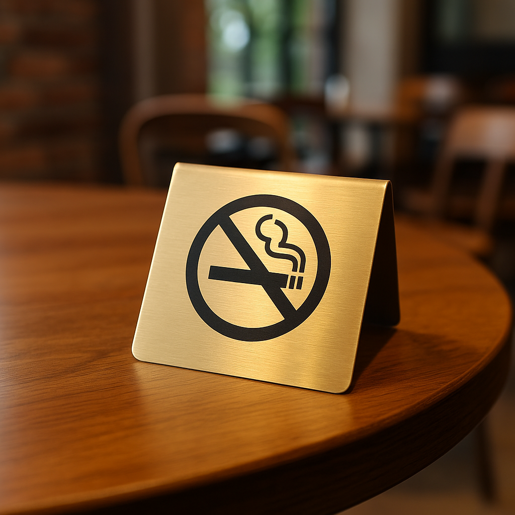 Gold renk masaüstü uyarı levhası, ofis ortamında kullanım örneği