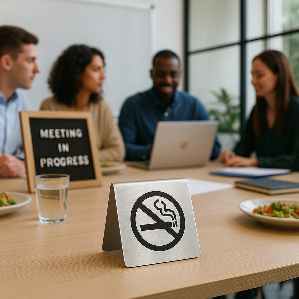 Silver renk masaüstü uyarı levhası, ofis ortamında kullanım örneği
