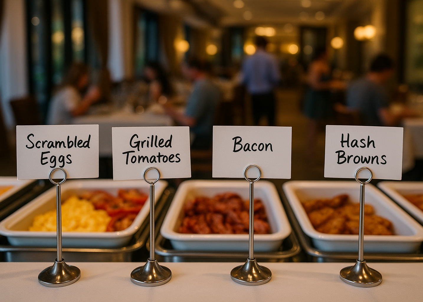 Şık krom ayaklı isimlik, açık büfe sunumlarda yemek etiketleme için ideal bir çözümdür.