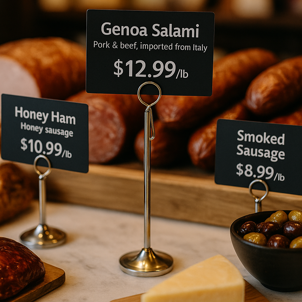 Pastane vitrininde tatlı fiyat etiketi olarak kullanılan metal kart tutucu