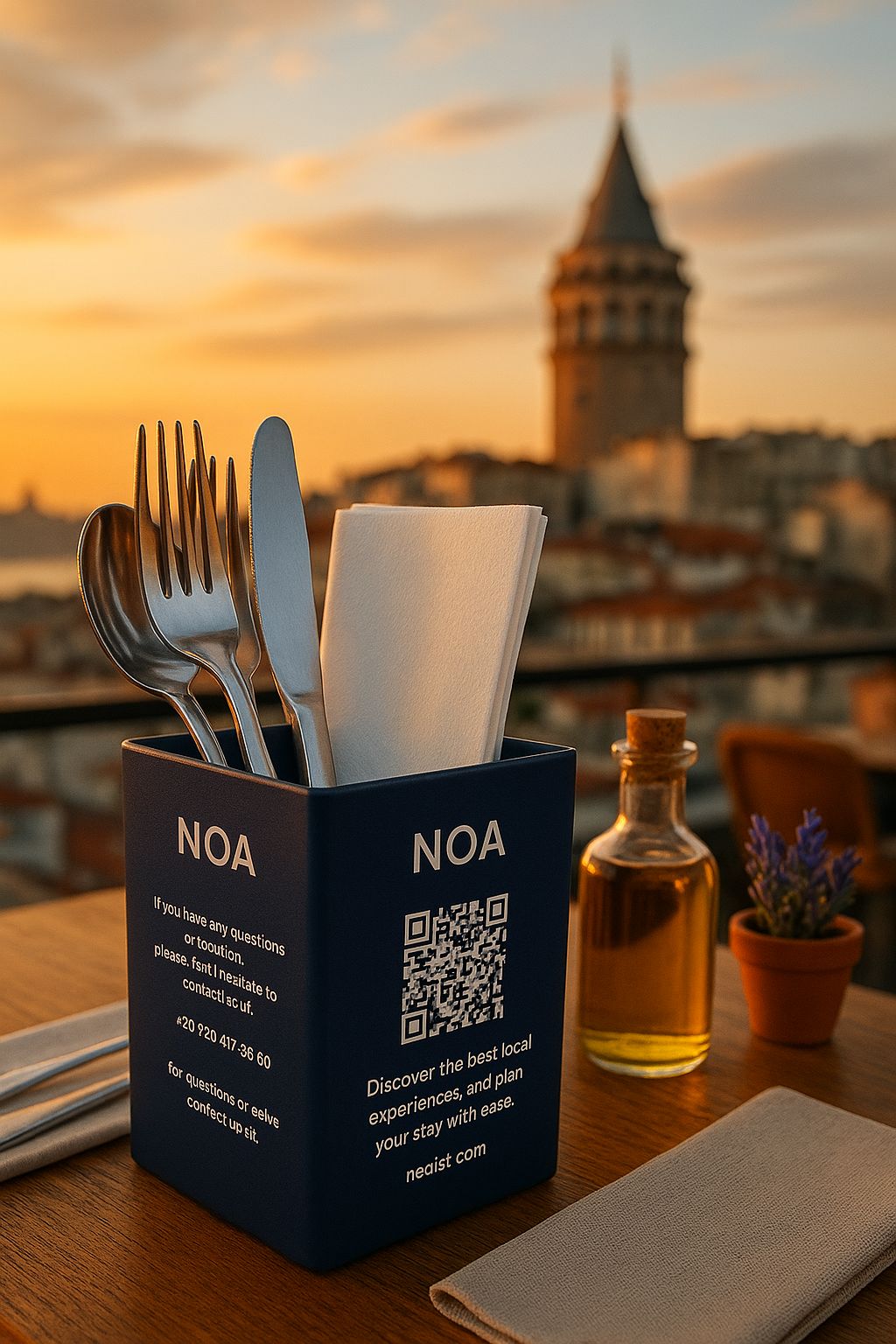 Dayanıklı metal gövdeli QR kod kutusu, masa üzerinde peçetelik ve masa numarası olarak kullanılıyor.