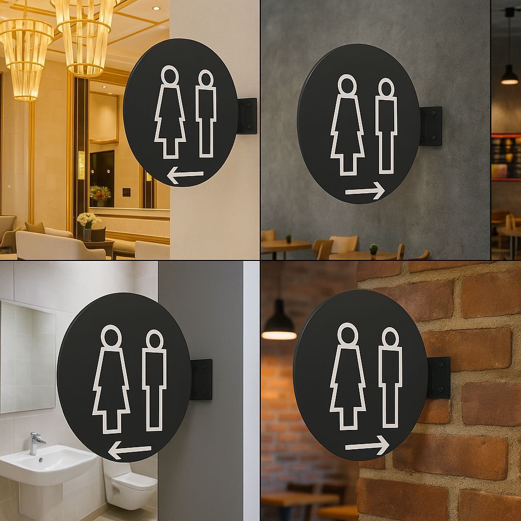 Duvara konsol montajlı, yuvarlak formda çift taraflı metal WC tabelası.