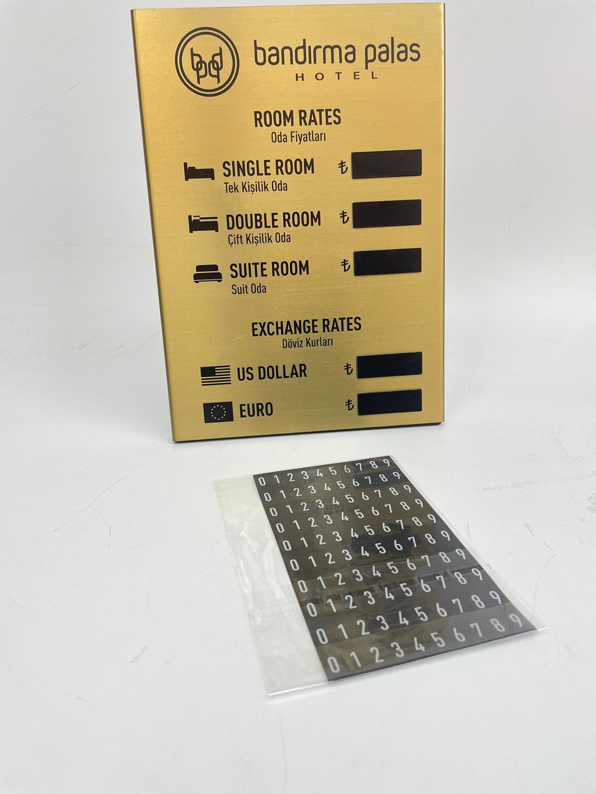 Döviz ve oda fiyat panoları için uygun, mıknatıslı değiştirilebilir rakam seti.