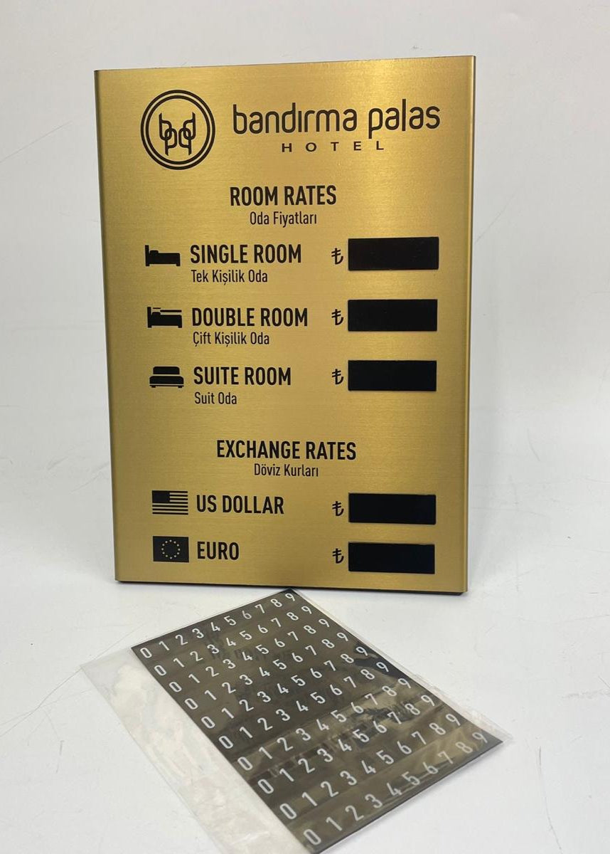 Döviz ve oda fiyat panoları için uygun, mıknatıslı değiştirilebilir rakam seti.