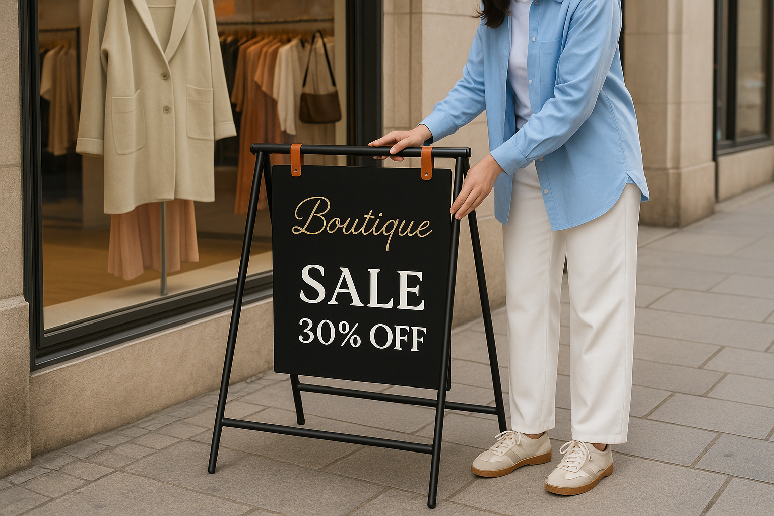 Moda butik mağazasının önünde tanıtım amaçlı kullanılan ayaklı tabela kompozisyonu.