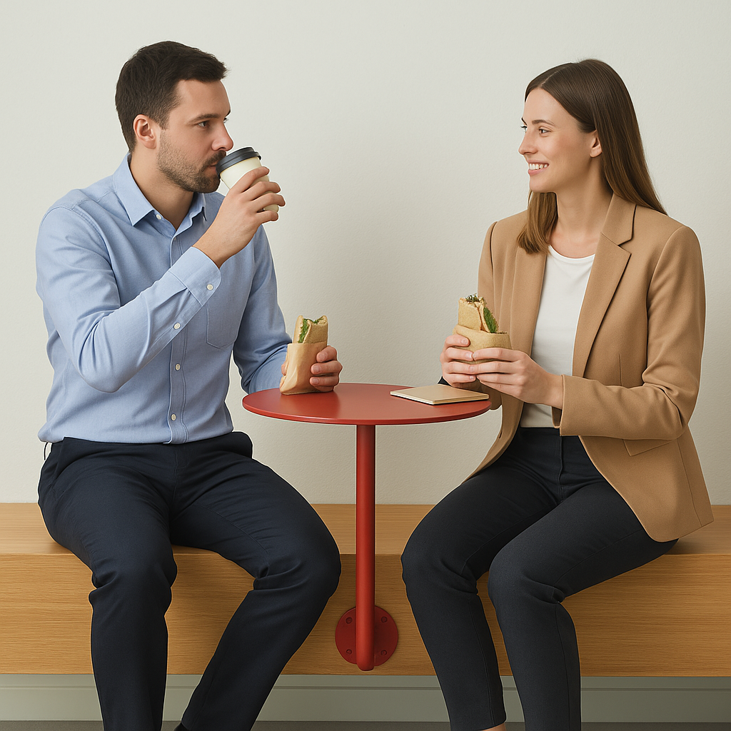 Ofis dinlenme alanında kullanılan yuvarlak duvar masası.