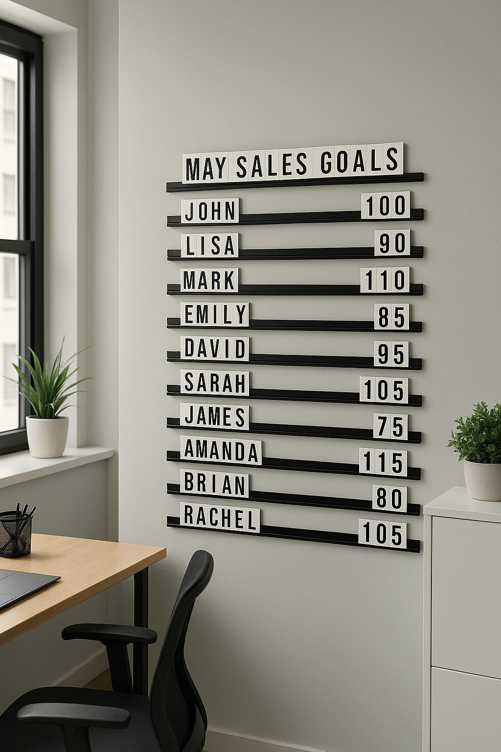 Ofis duvarına monte edilmiş ilham verici mesaj içeren yazı panosu.