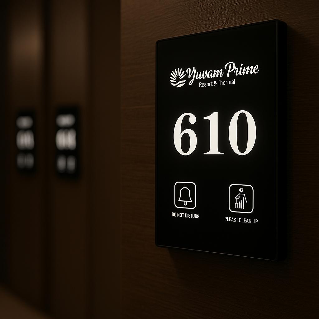 Otel kapısı yanına monte edilmiş LED ışıklı akıllı oda numarası paneli