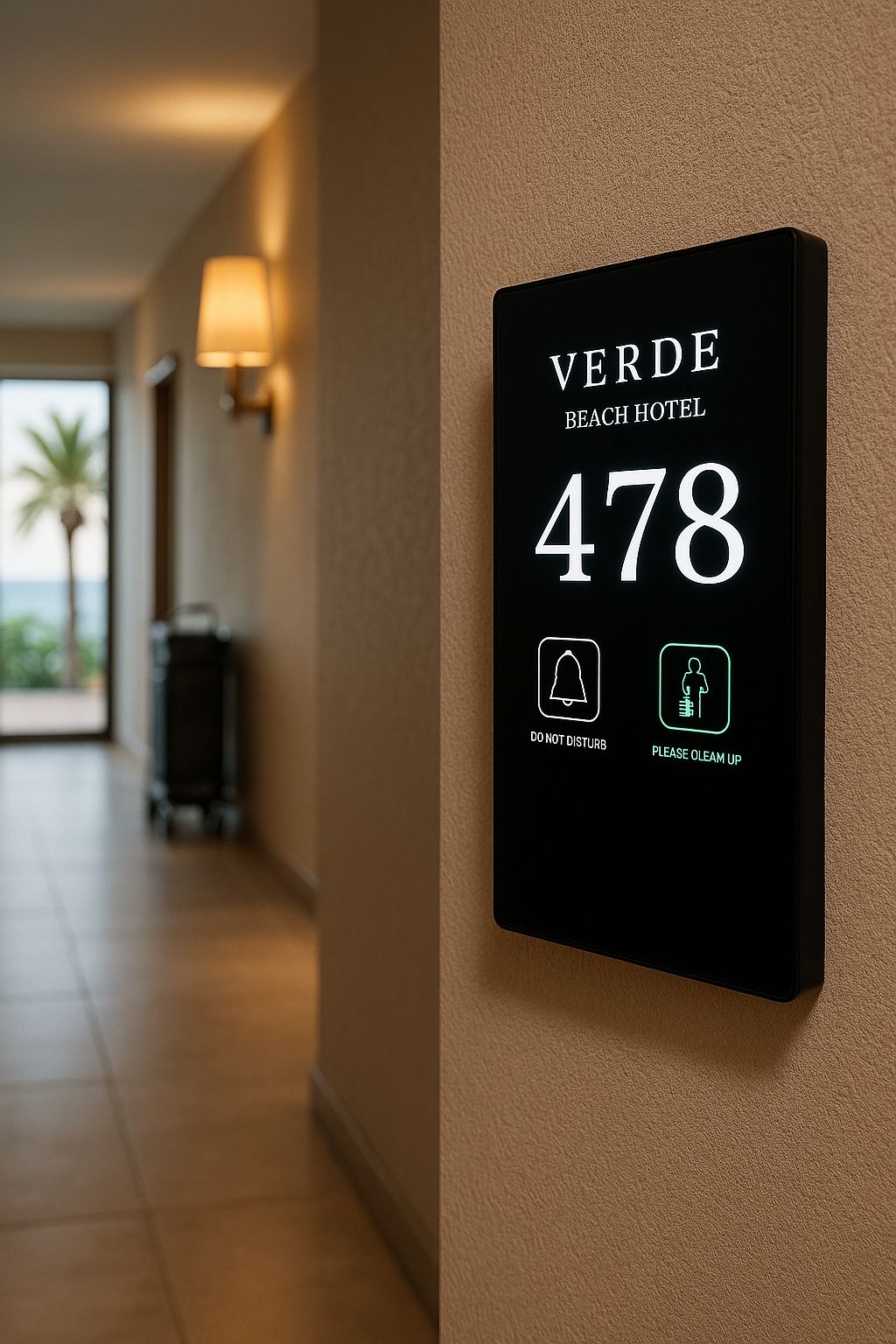 Modern otel koridorunda kapı yanına monte edilmiş LED ışıklı akıllı oda numarası paneli