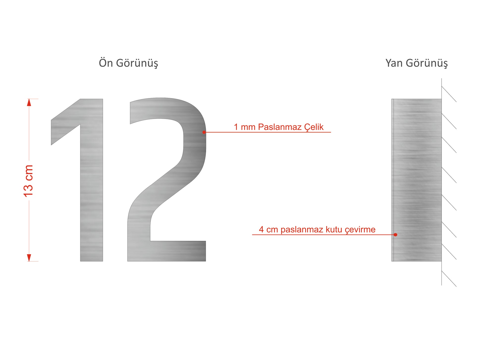13 cm yüksekliğinde paslanmaz çelik kapı numarası duvar montaj
