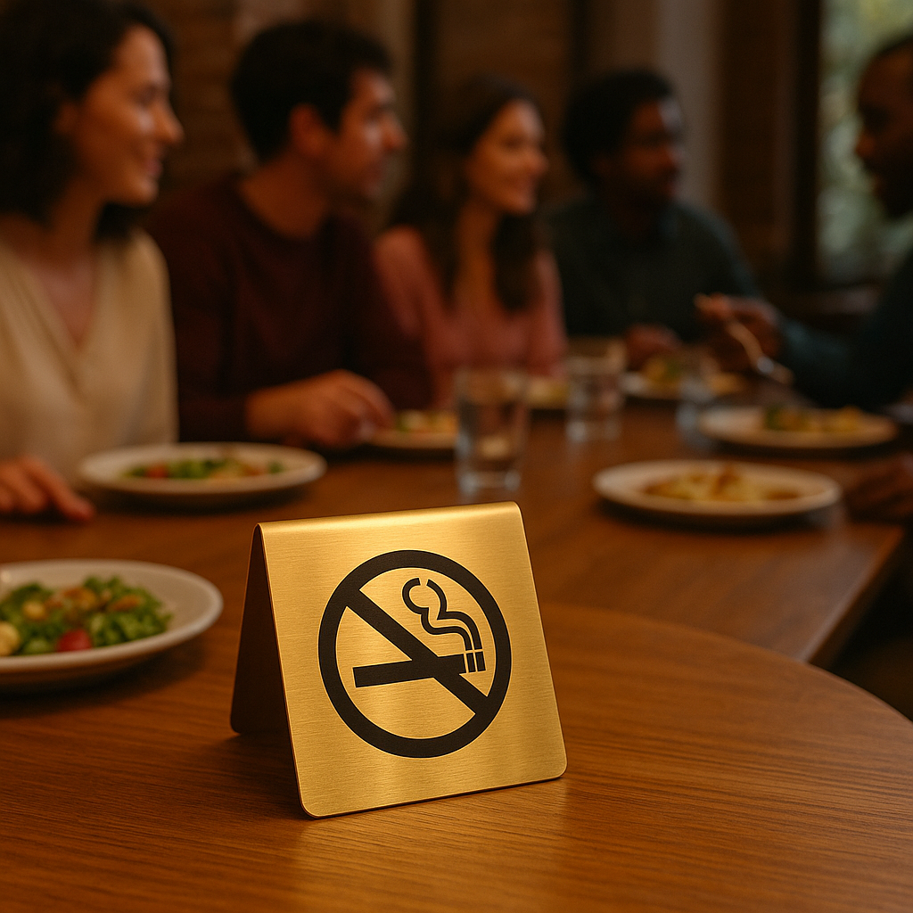 Paslanmaz çelik sigara içmeyin tabelası, kafe masası üzerinde konumlandırılmış