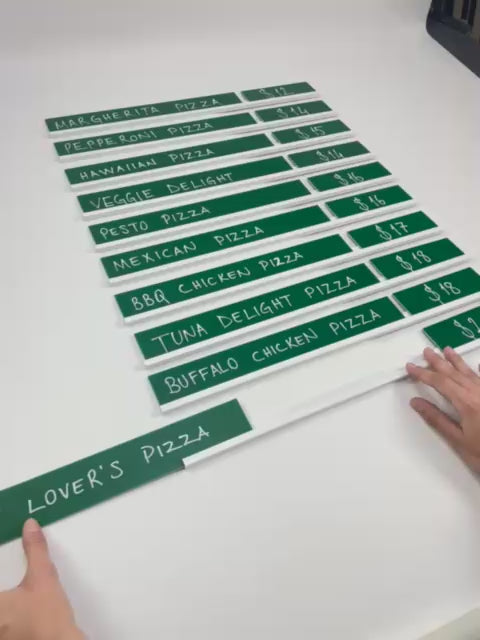 Raylı metal sistemli yaz-sil fiyat panosu, siyah beyaz silinebilir plakalar