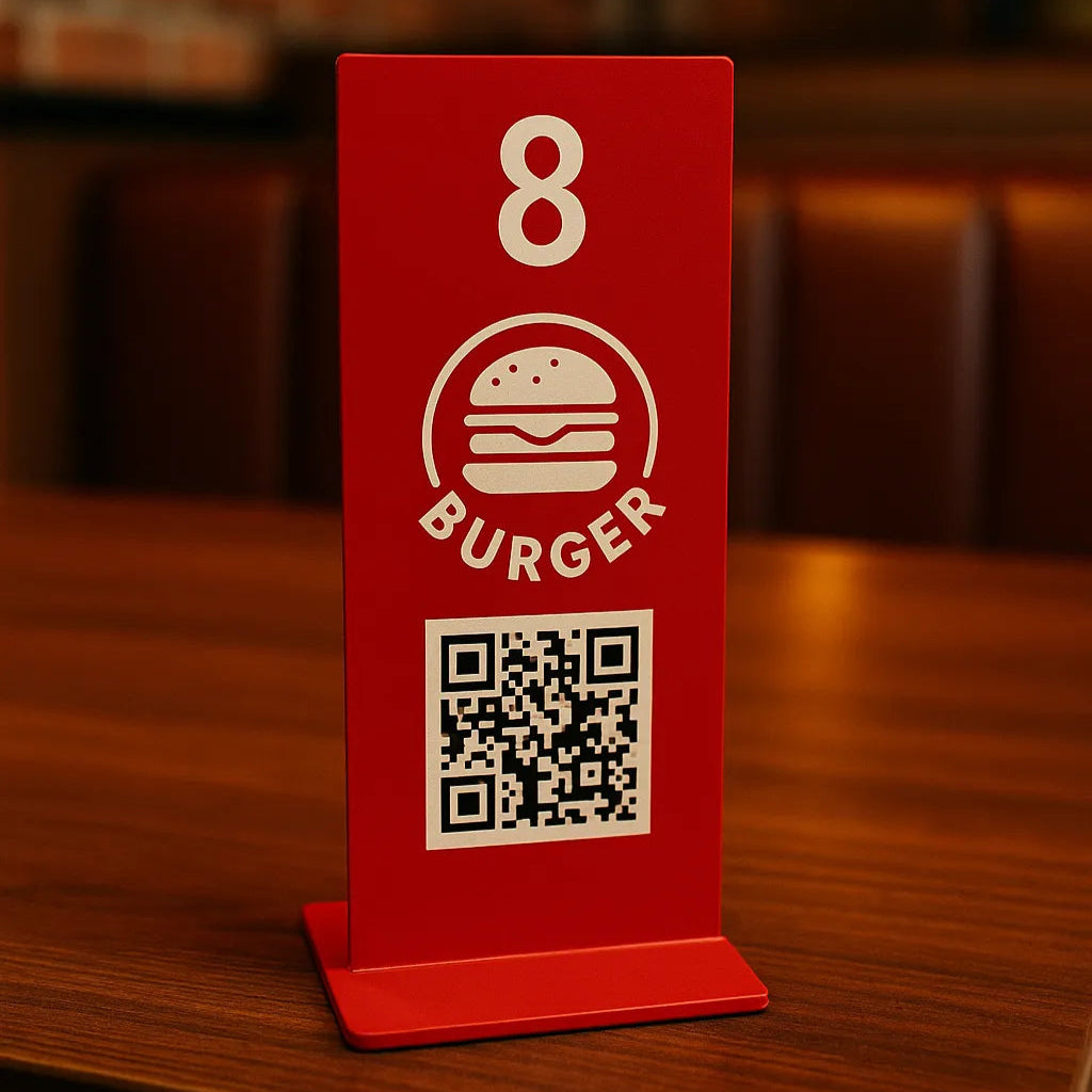 Kolay depolama için iç içe geçebilen metal QR kod stand tasarımı.