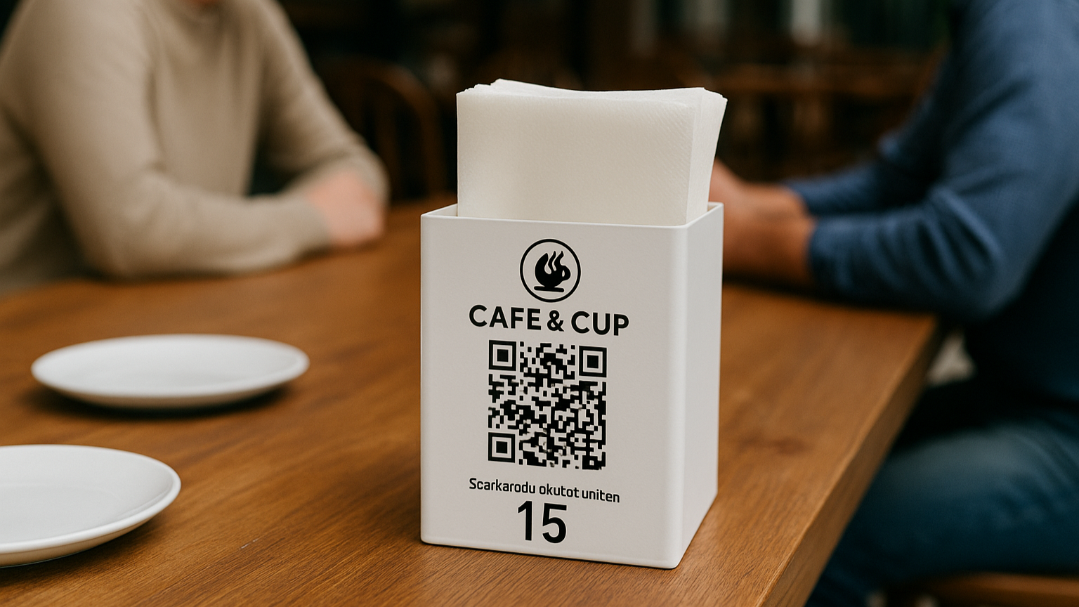 Restoran masasında kullanılan beyaz QR kodlu metal masa numarası kutusu, peçetelik olarak düzen sağlıyor.
