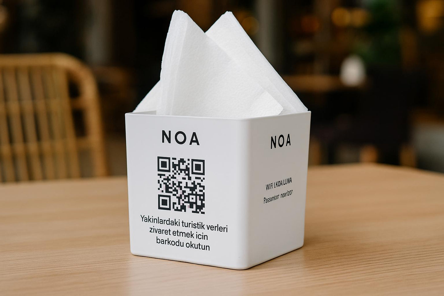 Şekerlik olarak da kullanılabilen QR kod baskılı masa kutusu

