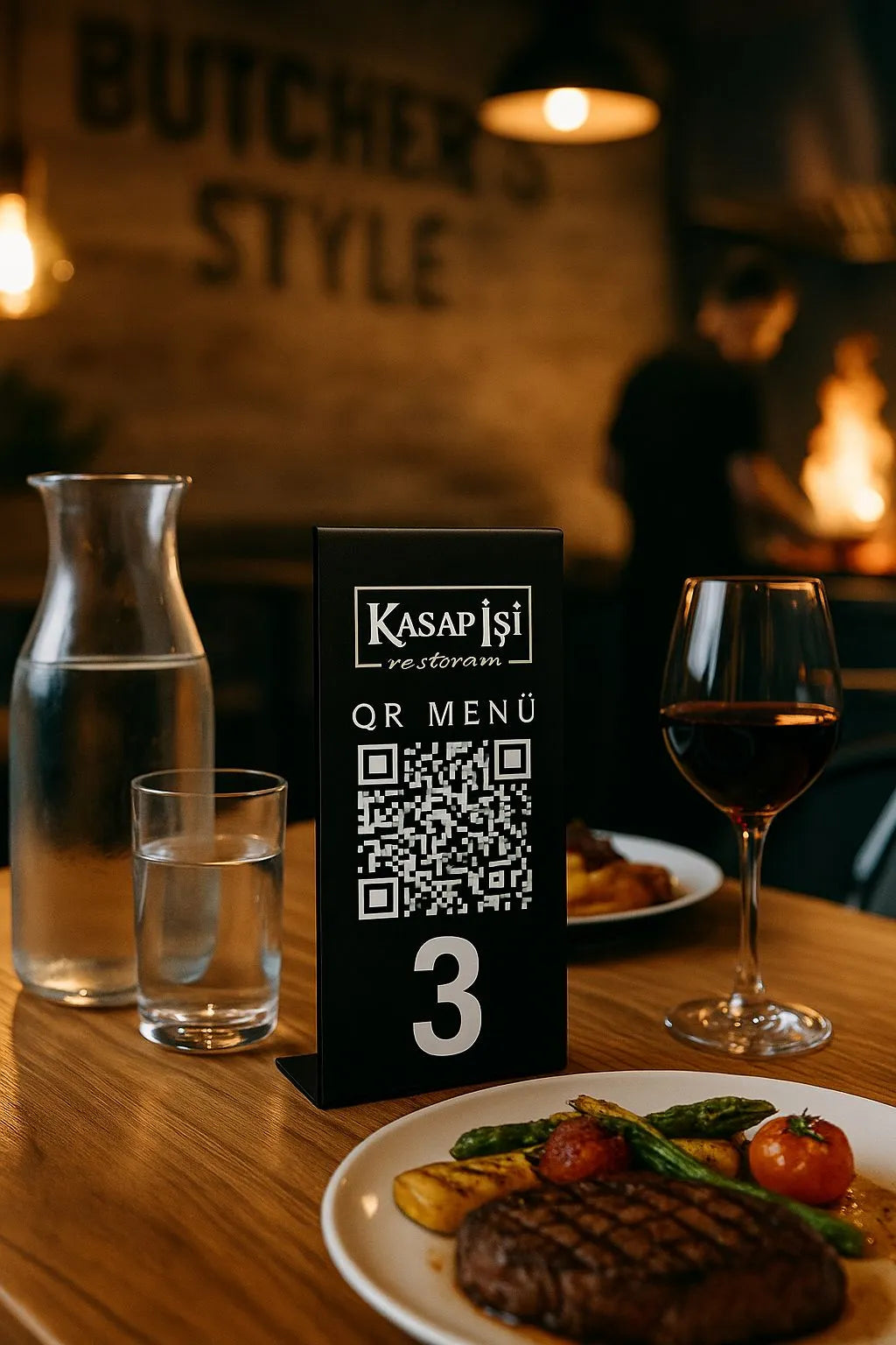 Siyah renkte masaustu QR kod standi metal malzemeden.