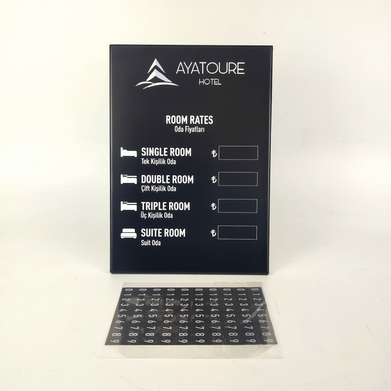 Siyah paslanmaz çelik gövdesiyle masa üstü kullanımına uygun fiyat panosu.