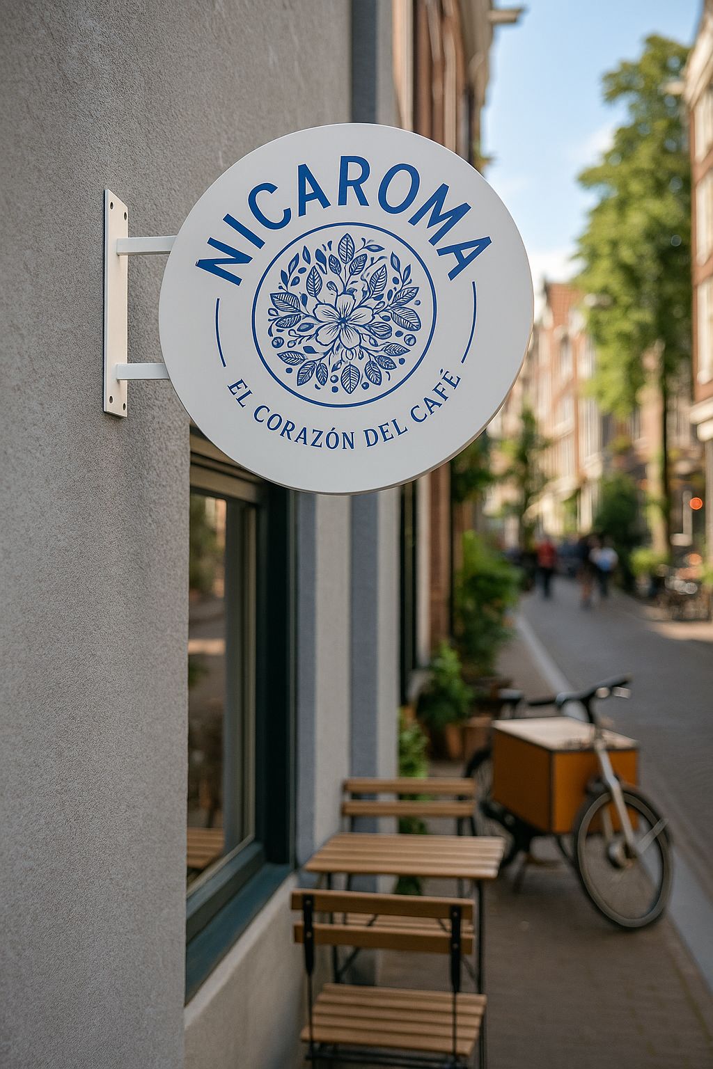 Sokak arasında hizmet veren bir kafe için uygun, çift yönlü metal tabela.

