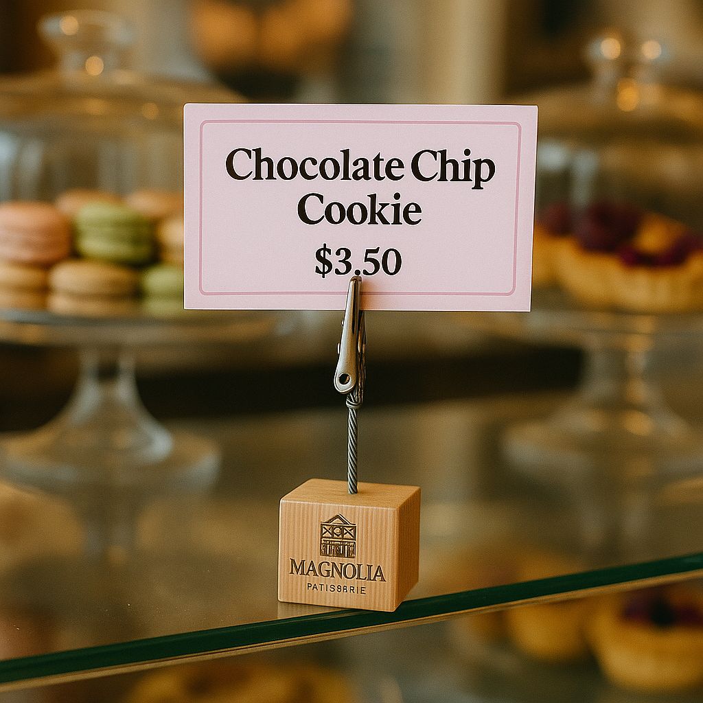 Tel klipsli ahşap kart tutucu ile ürün bilgilerinizi şık şekilde sergileyin.