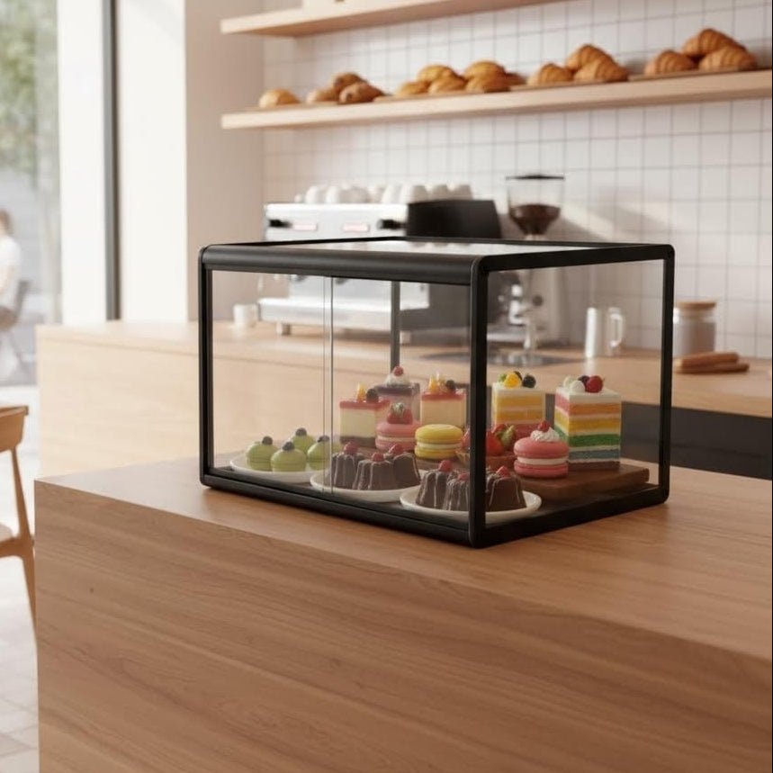 Pastane ve kafe için metal çerçeveli şeffaf pleksi teşhir ve sunum vitrini ürün sergileme standı