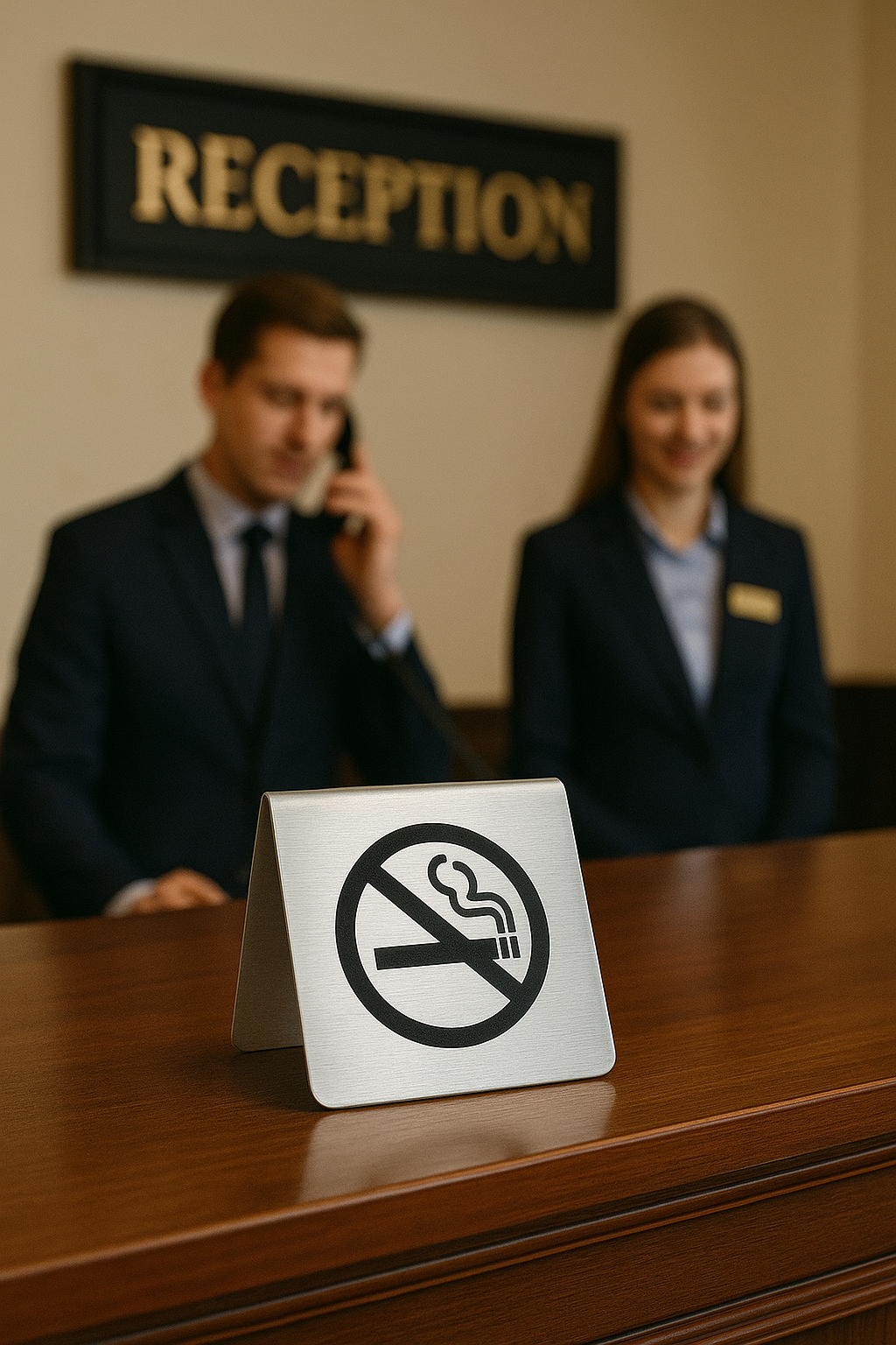 Metal no smoking uyarı tabelası, otel resepsiyon alanında