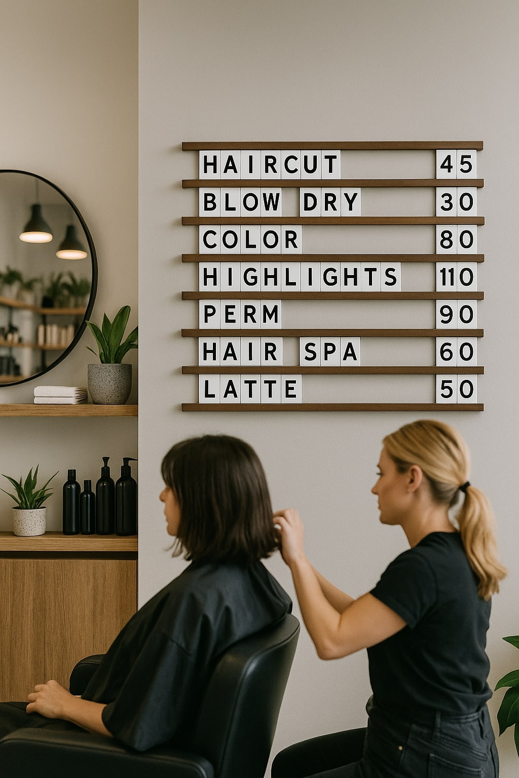 Ahşap harfli duvar menü panosu, doğal ve şık tasarımıyla dikkat çeker.