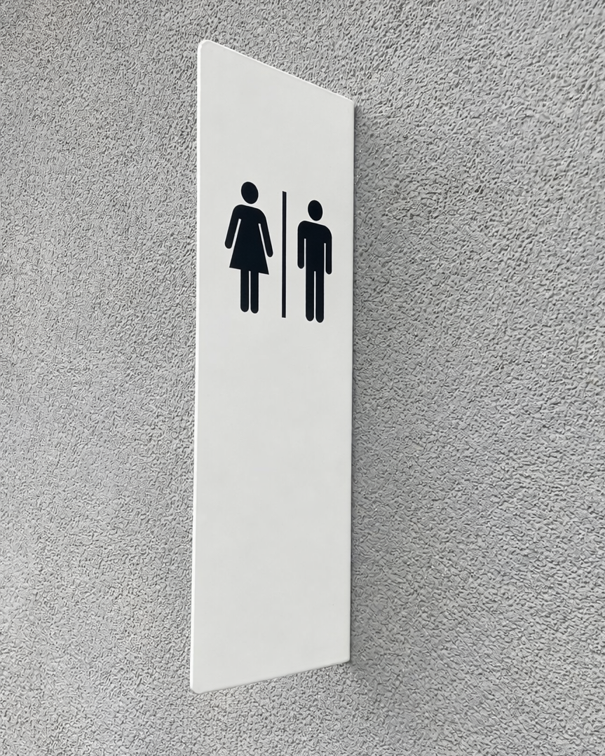 Modern beyaz metal WC tabelası, erkek ve kadın ikonlu duvar tipi tuvalet yönlendirme ürünü.